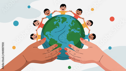 Global unity and protection depicted with children around the world globe held by nurturing hands symbolizing environmental care and sustainable future for generations to come