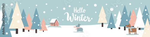 Winter forest landscape with animals, home, text Hello Winter . Christmas holiday, Merry Christmas illustration.