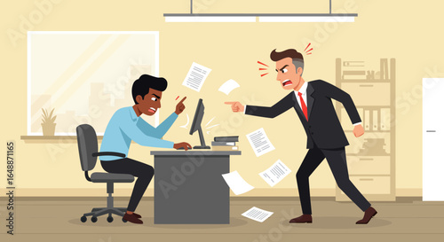 Two men arguing in an office one sitting at a desk the other standing and gesturing