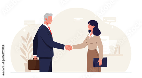 Two professionals shake hands in a modern office setting