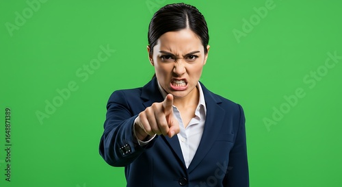 Angry woman pointing finger at camera
