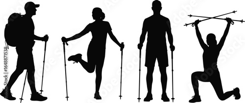Hiking silhouette group, trekking poles, outdoor adventure, mountain hiking, active lifestyle, Nordic walking, nature travel, fitness trekking, sports silhouette, wilderness journey