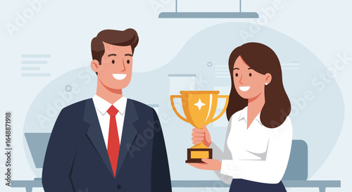 Woman presents trophy to smiling man in office