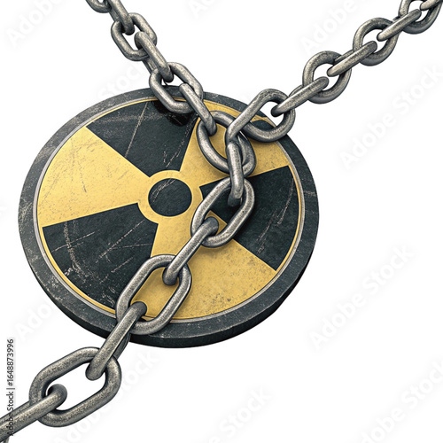 Secured radioactive symbol with heavy metal chain represents containment and danger protection