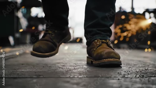 Close Up of Leather Work Boots Walking on Concrete Floor in Workshop with Sparks