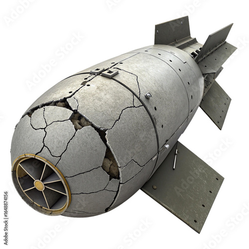 Damaged atomic bomb with cracked casing, representing destruction and conflict