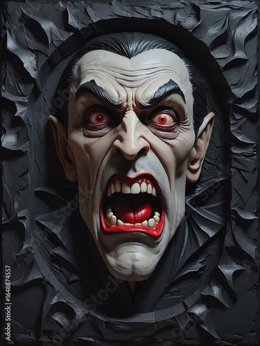 Halloween themed illustration of a bas-relief of a dracula face on a black wall.