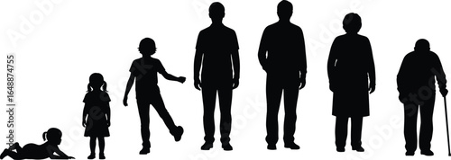 Life stages silhouette, baby crawling, child standing, teenager walking, adult man, mature woman, elderly person with cane, human growth, aging process illustration