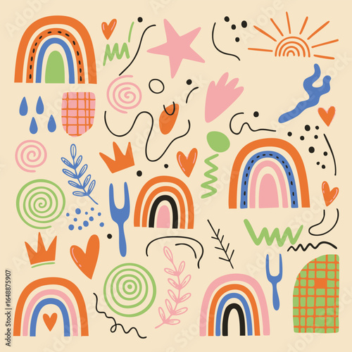 Playful abstract doodle collection with boho rainbows and whimsical shapes. Modern creative graphic elements background.