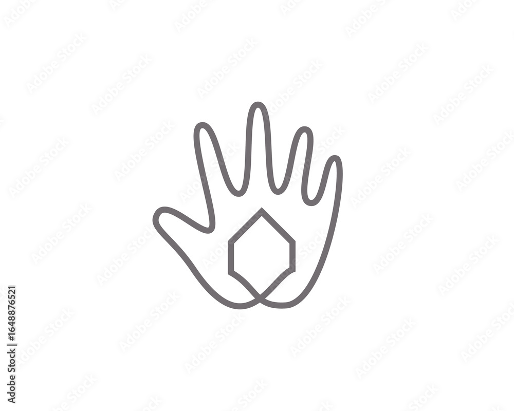 Obraz premium Abstract hand palm with house, building logo design template. Creative line art real estate, property, residential sign symbol mark logotype.