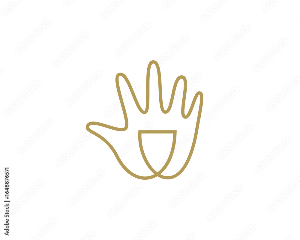 Obraz premium Abstract hand palm with shield logo design template. Creative line art protection, secure, power sign symbol mark logotype.