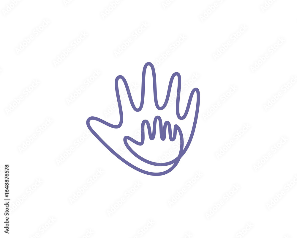 Abstract kid hand and a big adult hand logo design. Minimalist continuous line care, support, maternity icon sign logotype. Abstract kid hand and a big adult hand logo design. Minimalist continuous line care, support, maternity icon sign logotype.
