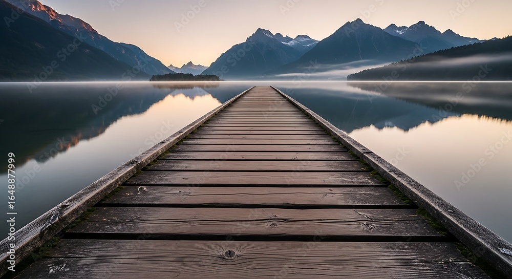 Fototapeta premium Scenic lake view with a wooden pier leading to distant mountains and calm waters