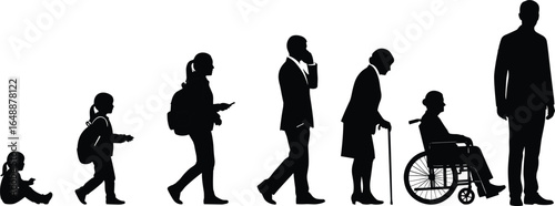 Silhouette evolution of human life stages, childhood, youth, adulthood, old age, walking, sitting, wheelchair, growth and aging concept illustration