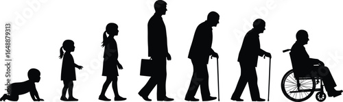 Silhouette human life stages, baby crawling, child, adult, elderly, walking with cane, wheelchair, aging process, growth and development concept illustration
