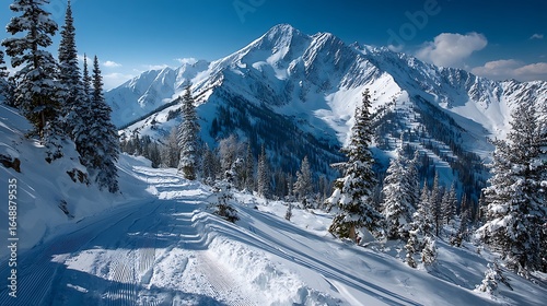 Snowy mountain landscape under clear blue sky with ski tracks leading into distance, pristine winter scenery, vast open snow fields, perfect for winter sports and adventure branding