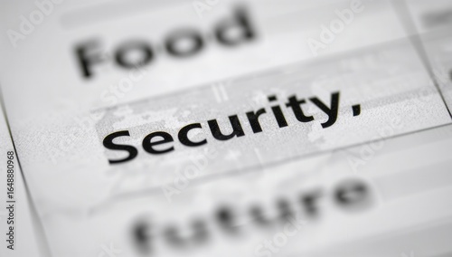 Close-up of a printed document highlighting the word security amidst a text on food and future