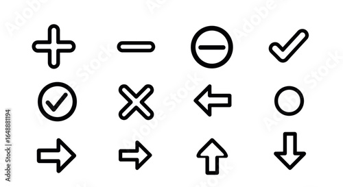 A set of essential black line art icons for user interface navigation and control elements on a white background.