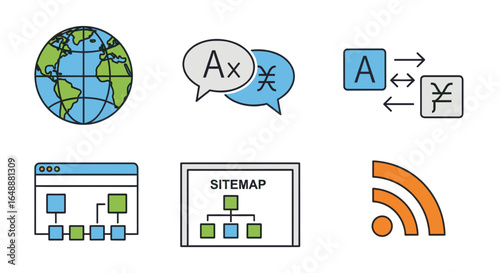 A collection of colorful line icons illustrating concepts of global web presence, translation, sitemap structure, and RSS feeds.