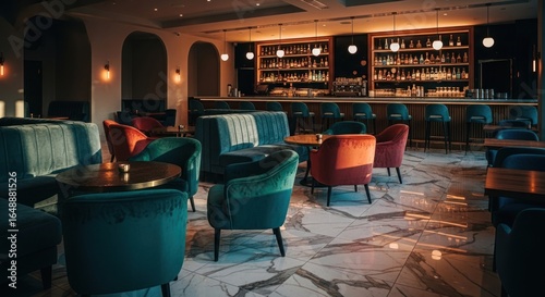 Luxurious modern bar with colorful seating