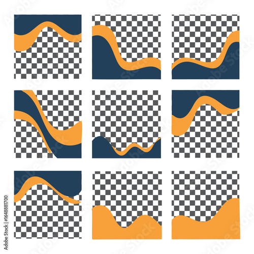 Collection of modern square banner templates with abstract blue and orange fluid shapes for social media posts.
