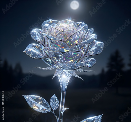 Crystal rose blossoms under the bright moonlight, casting a soft glow in the serene night sky creating a magical feeling.