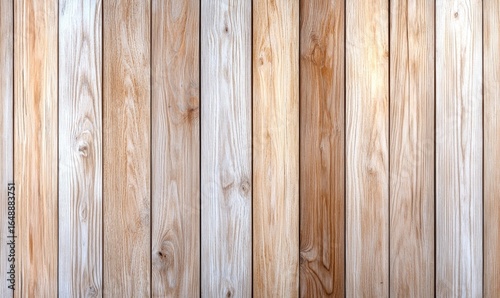 Wooden planks background. Vertical slats of light to medium brown wood, showcasing natural grain patterns and subtle variations in color, with some bright light reflections on the surface