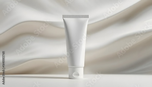 Close up of a white tube container on a white surface with a wavy background in soft focus