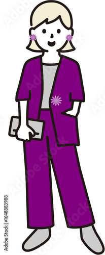 Woman in purple outfit holding a tablet and posing with smile  