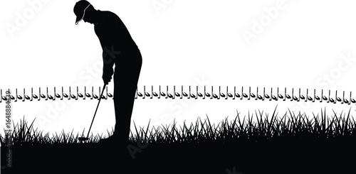 Silhouette of golfer putting on green, man playing golf, sports activity, outdoor recreation, grass field, golf club, precision shot illustration