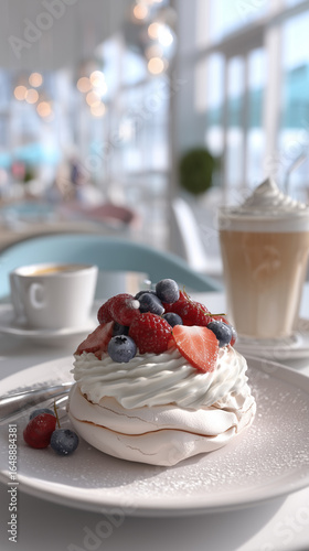Pavlova Dessert with Whipped Cream and Fresh Berries in Modern Café
