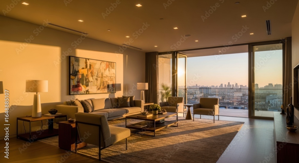 Fototapeta premium Modern penthouse living room bathed in golden sunlight, showcasing panoramic city views