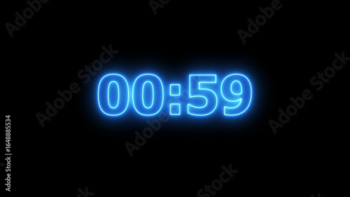 Blue Neon Digital Timer Displaying 00:59 glowing