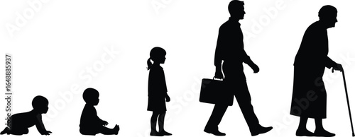 Silhouette of human life stages, baby to elderly, growth and aging process, evolution of man, generational timeline, people development illustration vector