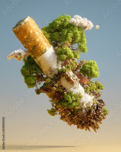 a cigarette with a tree and a building in the middle