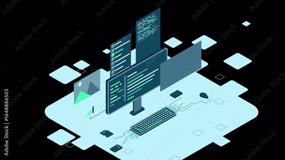 Isometric desktop computer. Coding programming technology. Programming ...