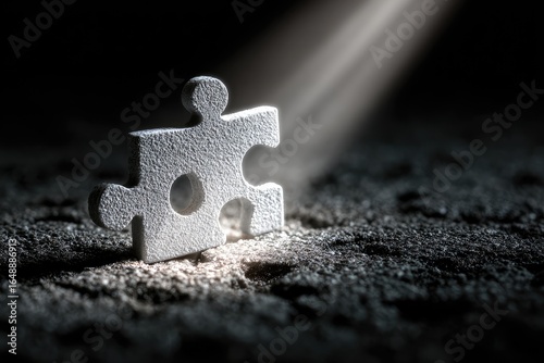 Single puzzle piece illuminated by spotlight on dark textured ground