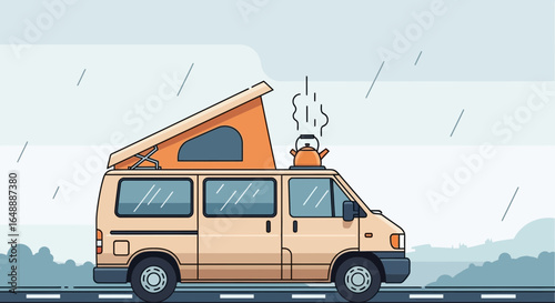 A Campervan Adventure Illustration on a Rainy Road Trip with Tea Kettle on top