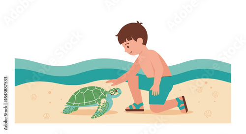 A child interacts tenderly with a sea turtle in a cartoonish seaside setting illustration