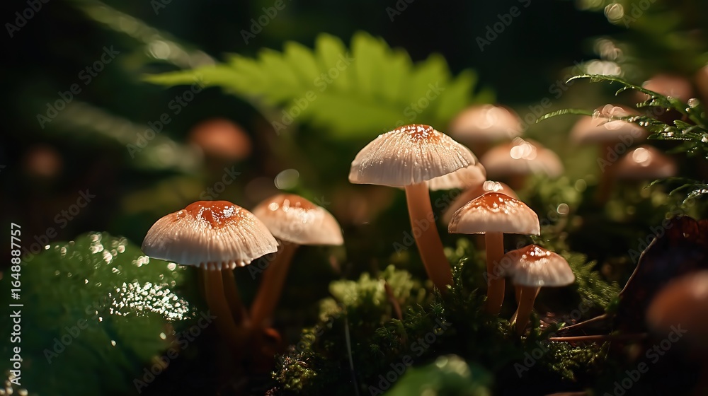 Fototapeta premium Moonlit Forest Microcosm: Tiny Mushrooms on Moss, Macro f/2.8 Cap Texture, Soft Focus Umbrella Shapes Bokeh