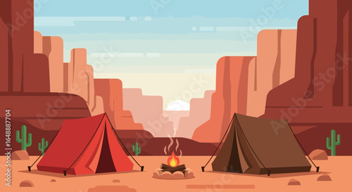 Adventure Camping Under A Grand Canyon Sky With Tents And Campfire Scenery