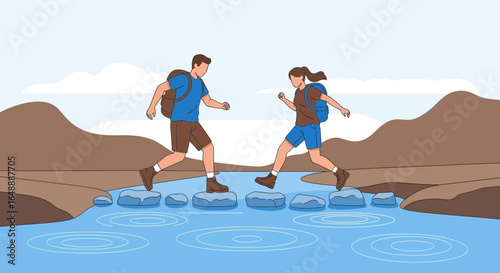 Adventure Couple Crossing River With Stepping Stones In Nature Landscape