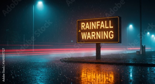 An illuminated 'Rainfall Warning' sign on a wet city street at night with light trails from traffic.