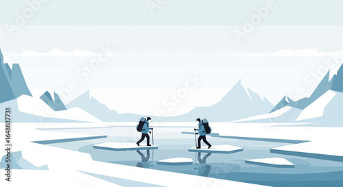 Adventure Expedition Crossing Icebergs Two Hikers In The Frozen Landscape