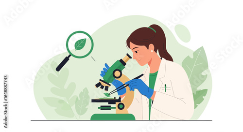 A female scientist examines a plant sample under a microscope in a laboratory, researching genetically modified organism and plant disease