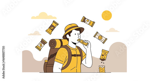 Adventure Fuel Backpacking Man Enjoying Snacks During Hiking Expedition Illustration