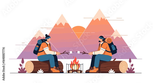 Adventure Getaway Couple Enjoying a Mountain Campfire Under a Vibrant Sunset
