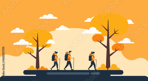 A group of backpackers are hiking on an orange day with trees and clouds around them in a flat illustration background concept