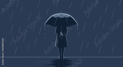 A girl under umbrella in the rain is a symbol of protection, sadness, reflection and safety from the storm in a dark atmosphere