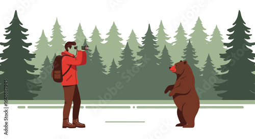 Adventure Photography Man Capturing Wild Bear Moment In Serene Forest Scenery